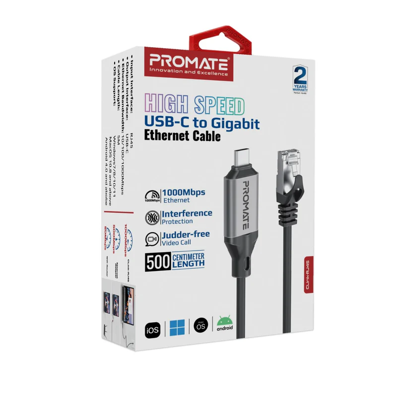 Promate Clink-RJ45 Ultra-Fast Ethernet to USB-C Adapter Cable Promate Clink-RJ45 Ultra-Fast Ethernet to USB-C Adapter Cable